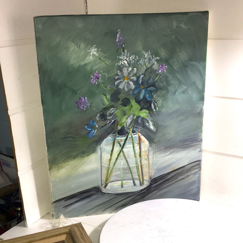 Vintage  oil on canvas/flowers in jar from Shenandoah Valley VA artist
